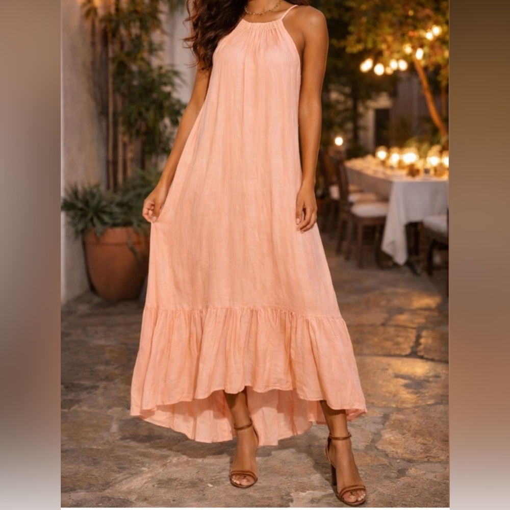 Loft Flounce Peach Coral Halter Ruffle-Hem Midi Dress Size Medium